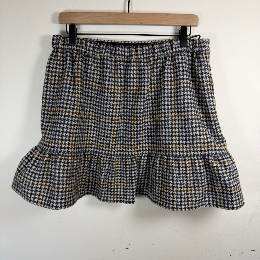 NWT J Crew 100% Wool Plaid Ruffle Hem Mini Skirt Blue Brown Size 12 Houndstooth - Picture 3 of 8